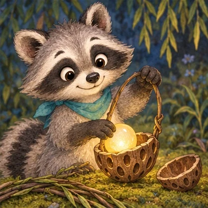 Moss holds a glowing pocket-moon lantern in a peaceful woodland.